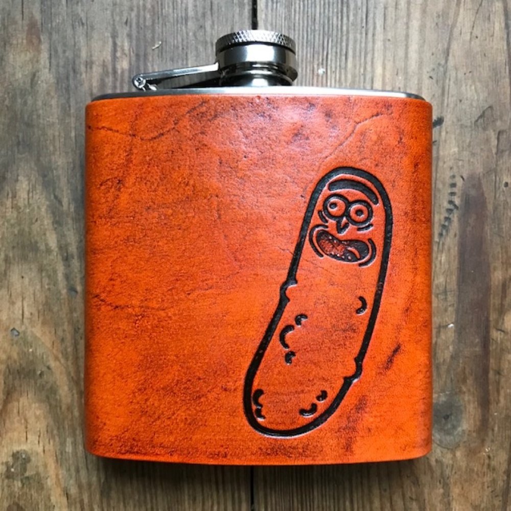 NEW Rick and Morty Pickle Rick Leather Flask 6 oz.